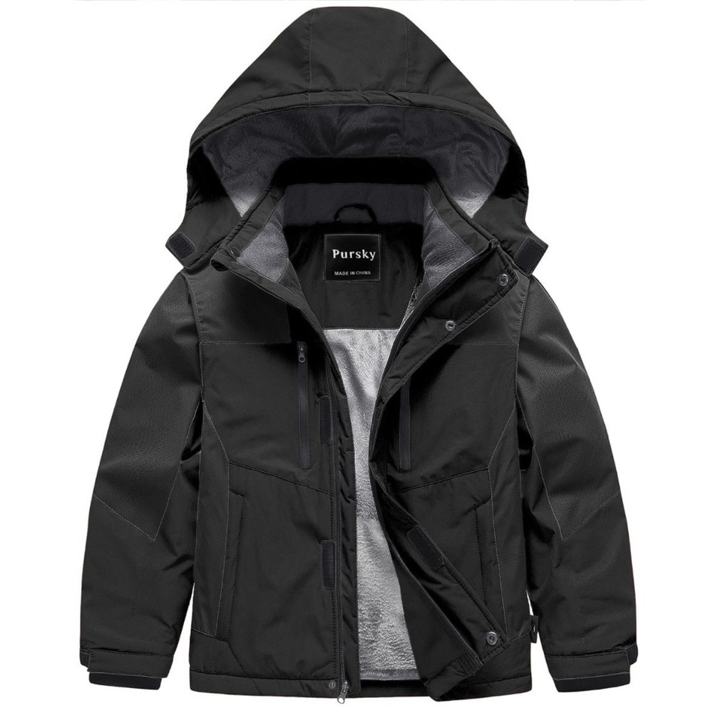 Pursky Boy's Black Waterproof Ski Jacket Kids Winter Snow Coats Fleece Raincoats